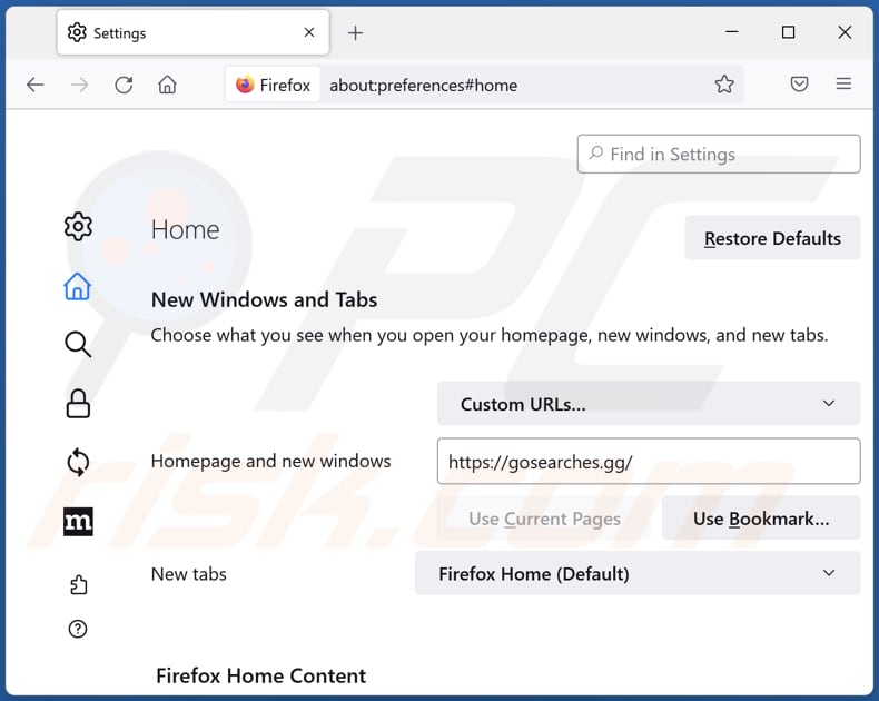 gosearches.gg von der Mozilla Firefox Startseite entfernen