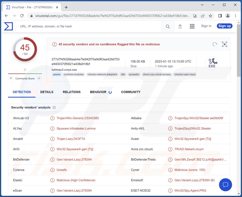 LummaC2 Malware Erkennungen auf VirusTotal