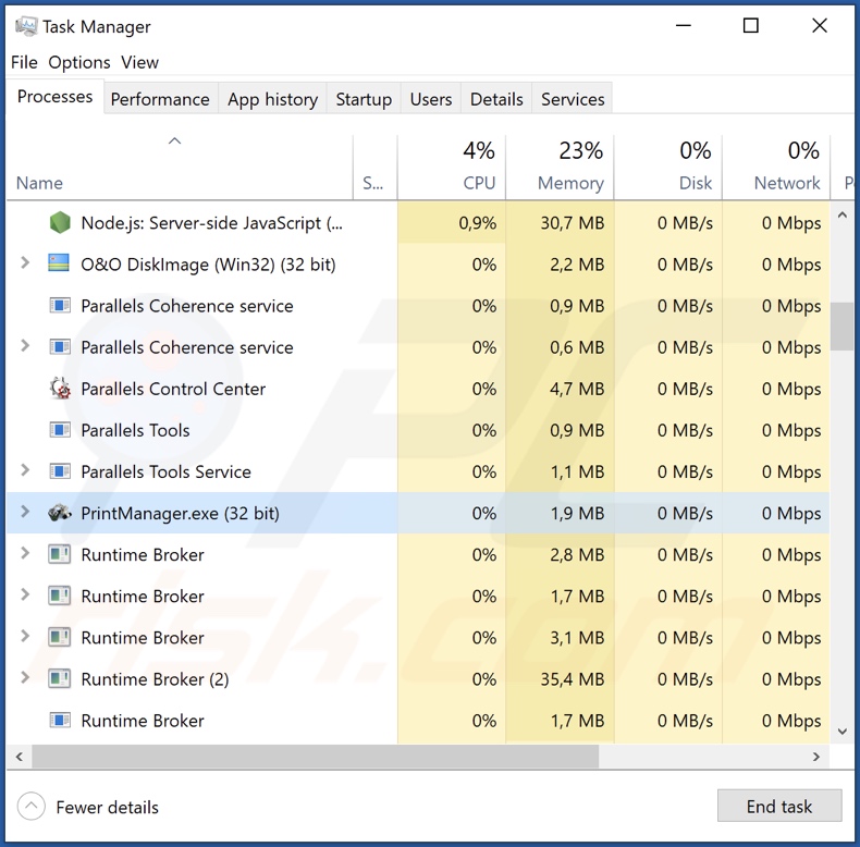 PrintManager Malware-Prozess im Task-Manager (PrintManager.exe - Prozessname)