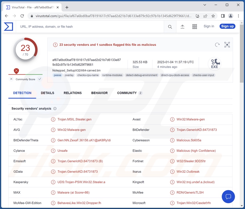 Rhadamanthys Malware-Erkennungen auf VirusTotal