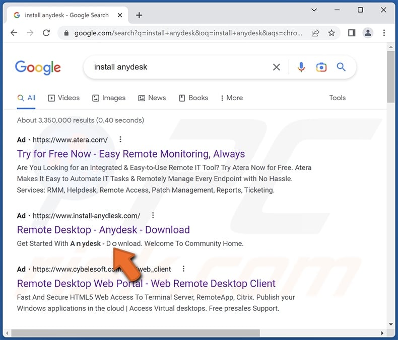 Google Werbung fördert eine falsche AnyDesk Webseite, die Rhadamanthys Stealer Malware fördert