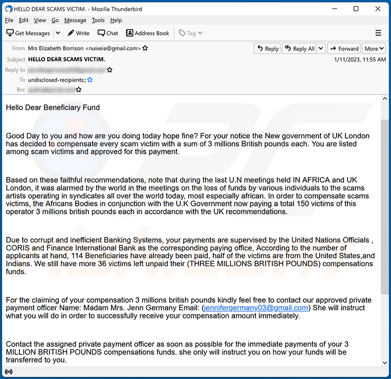 Scam Victim Compensation Funds E-Mail-Betrug (2023-01-12)