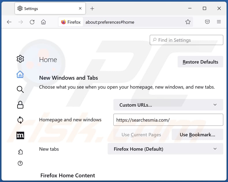 searchesmia.com von der Mozilla Firefox Startseite entfernen