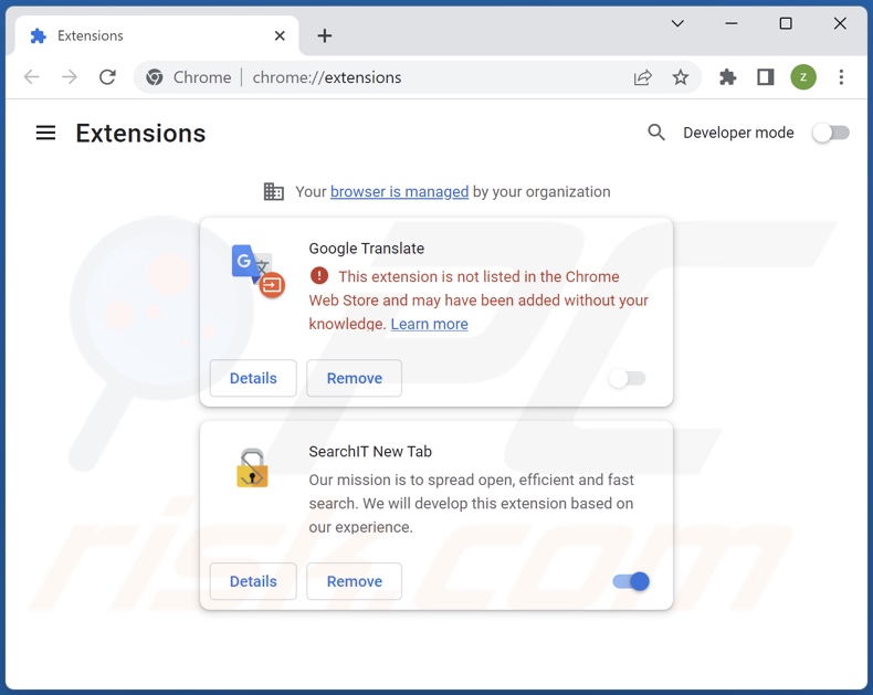 Mit searchresults.store verwandte Google Chrome Erweiterungen entfernen
