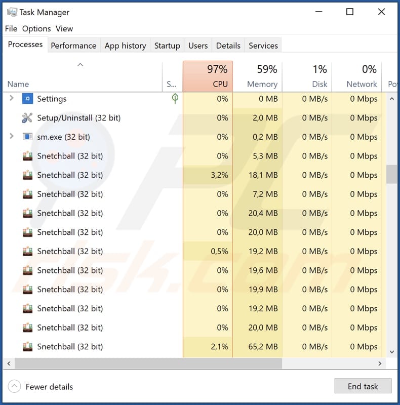 Snetchball Adware läuft im Task-Manager