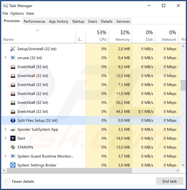 Split Files Adware-Prozess im Task Manager (Split Files Setup - Prozessname)