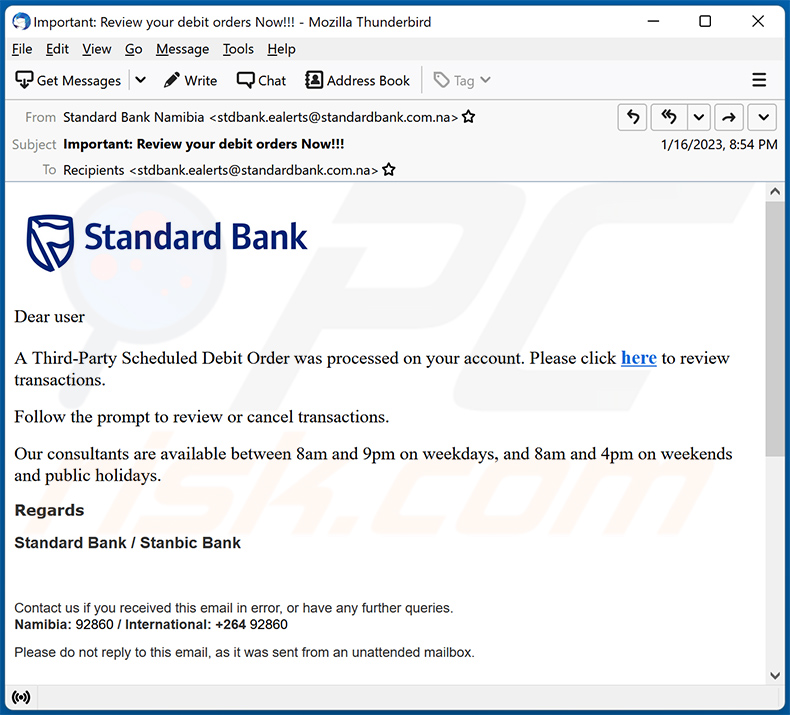 Spam-E-Mail mit dem Thema Standard Bank (2023-01-17)
