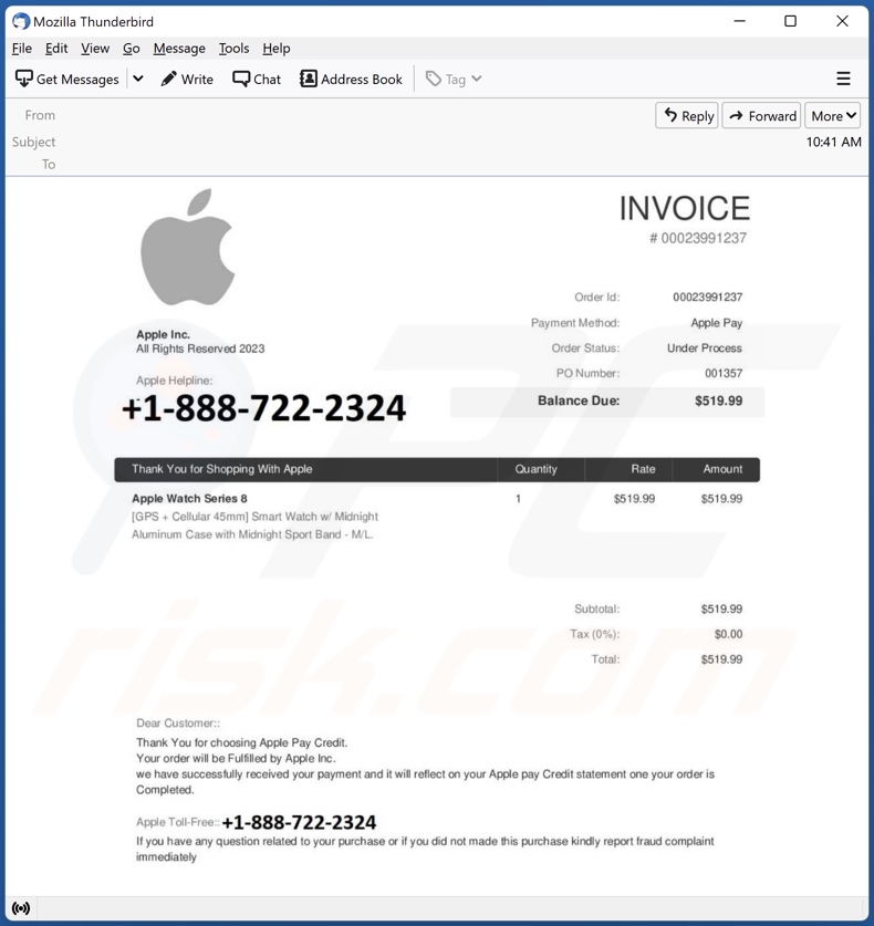 Thank You For Shopping With Apple E-Mail Spam-Kampagne