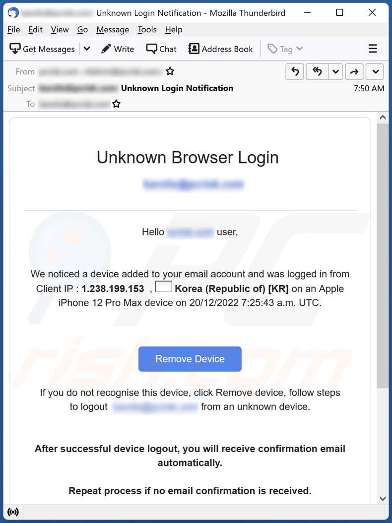 Unknown Browser Login E-Mail Spam-Kampagne