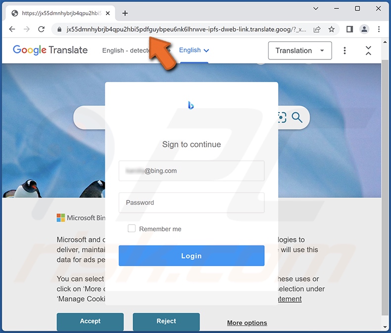 Von der Unknown Browser Login Scam-E-Mail geförderte Phishing-Seite