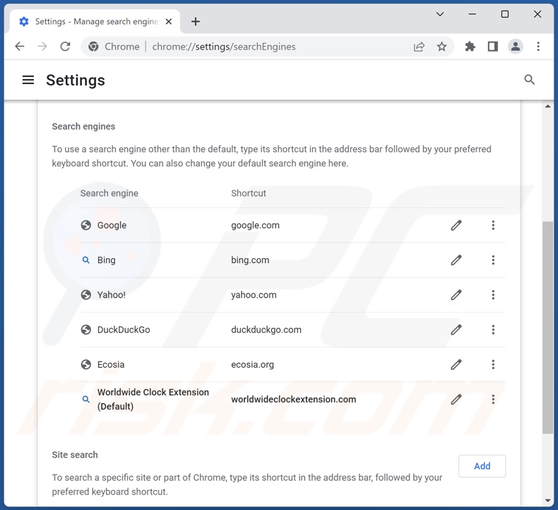 search.worldwideclockextension.com von der Google Chrome Standardsuchmaschine entfernen