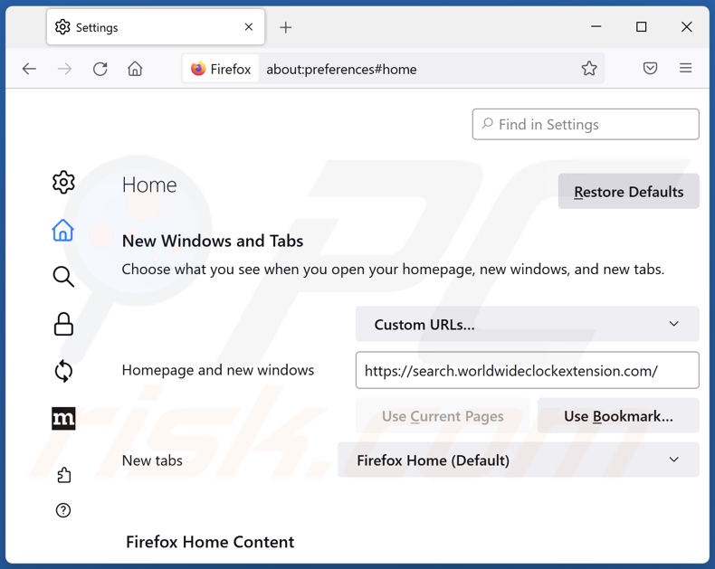 search.worldwideclockextension.com von der Mozilla Firefox Startseite entfernen