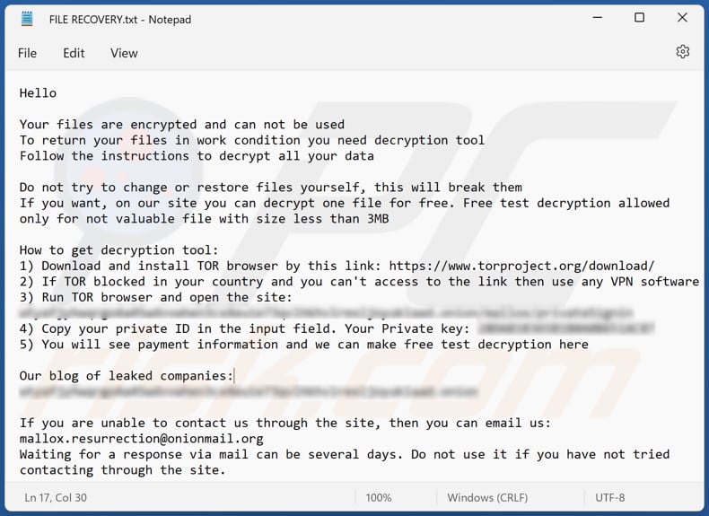 Xollam Ransomware Textdatei (FILE RECOVERY.txt)