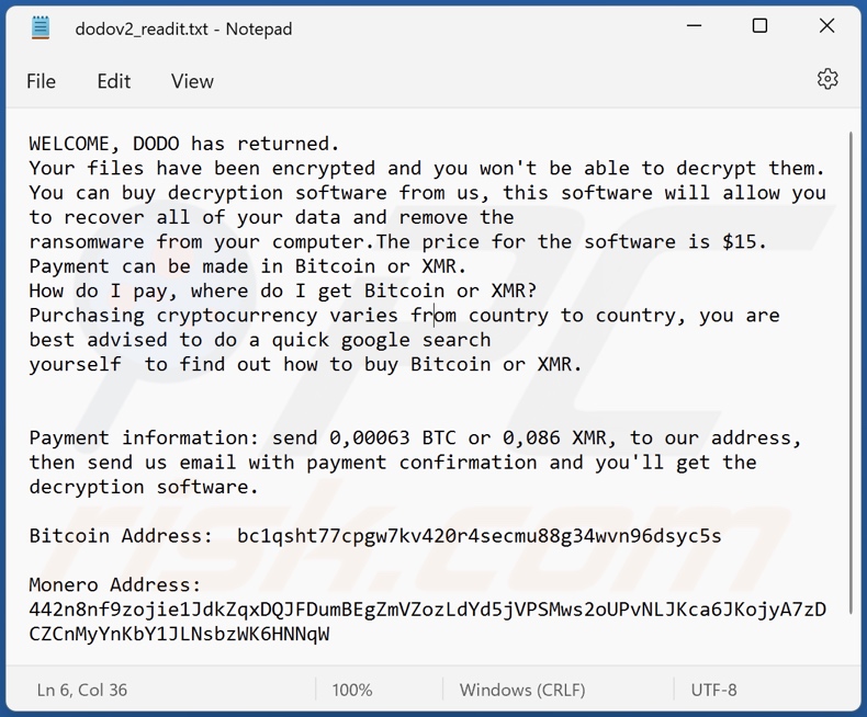 DODO Ransomware Lösegeldforderung (dodov2_readit.txt)