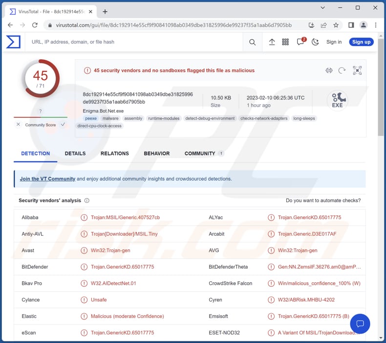 Enigma Malware Erkennungen auf VirusTotal