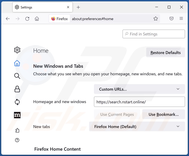 search.nstart.online von der Mozilla Firefox Startseite entfernen