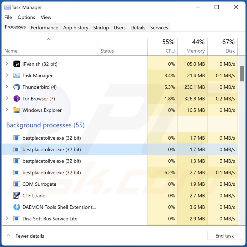 Mimic Ransomware-Prozess im Task-Manager (bestplacetolive.exe - Prozessname)