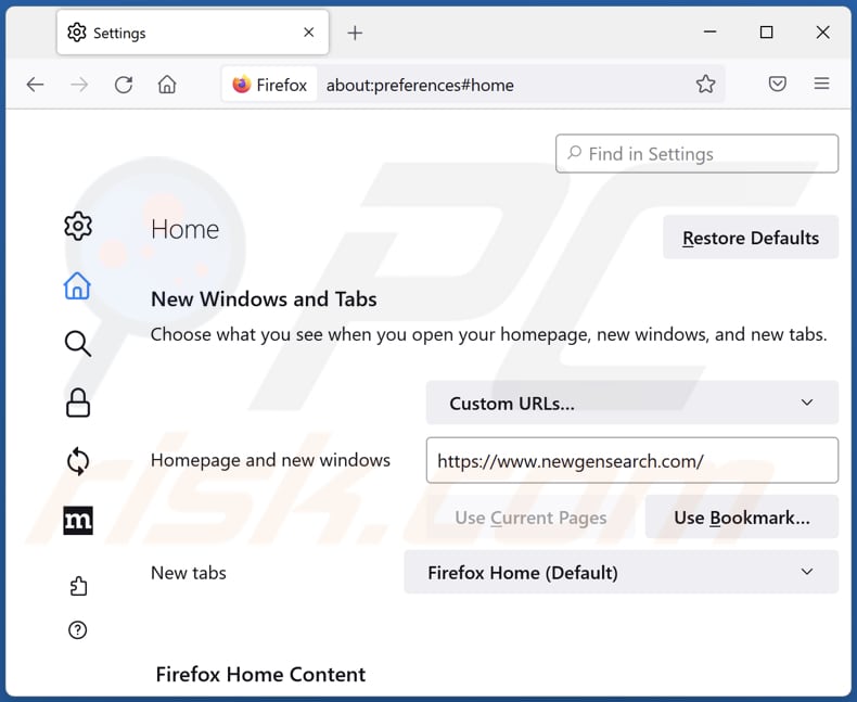 newgensearch.com von der Mozilla Firefox Startseite entfernen