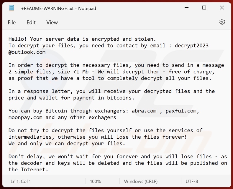 Stolen (Makop) Ransomware Lösegeldforderung (+README-WARNING+.txt)