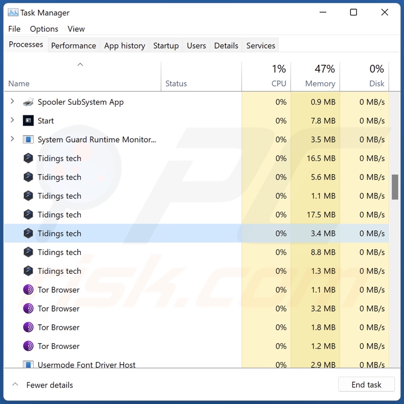 Tidings Adware Prozess im Task-Manager (Tidings tech - Prozessname)