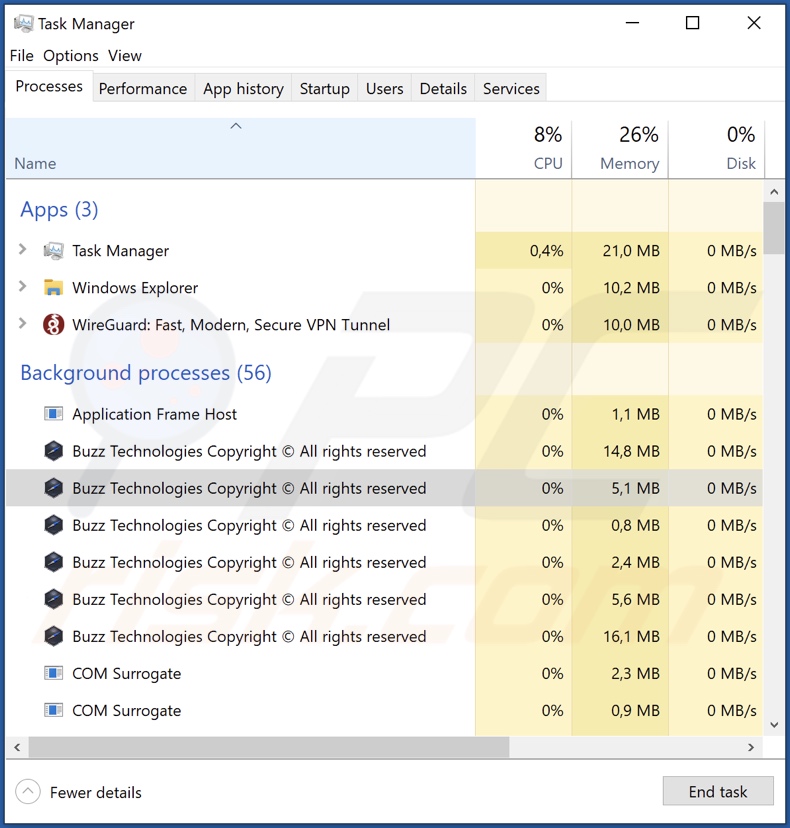 Buzz Adware-Prozess im Task-Manager (Buzz Technologies Copyright (c) All rights reserved - Prozessname)