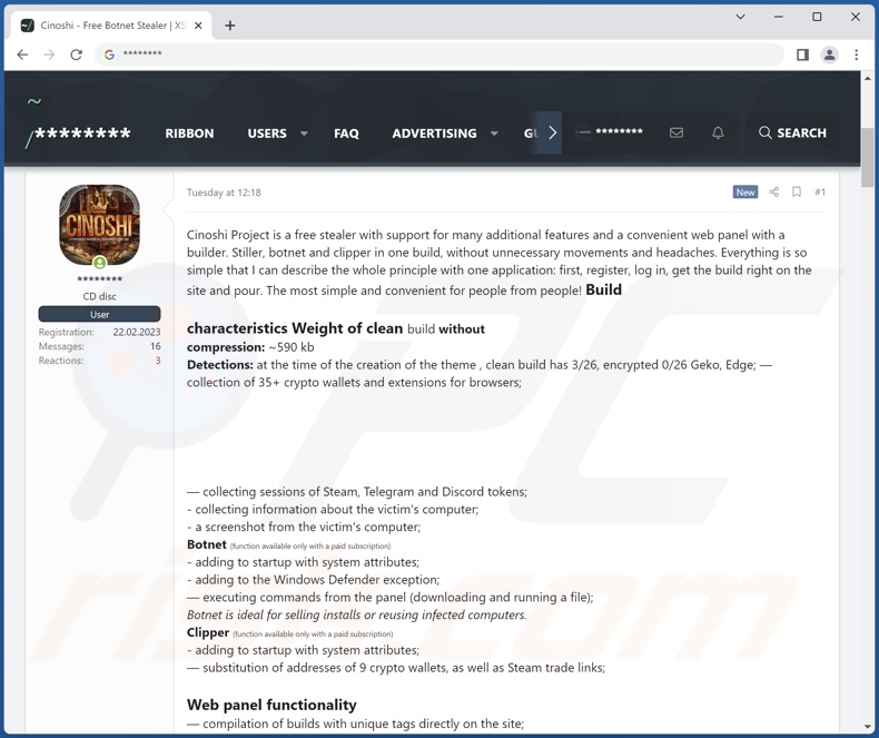 Cinoshi Stealer Malware wird online gefördert