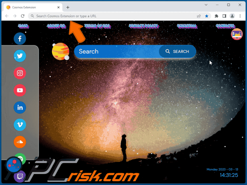 Der Cosmos Extension Browserentführer leitet auf Bing weiter (GIF)