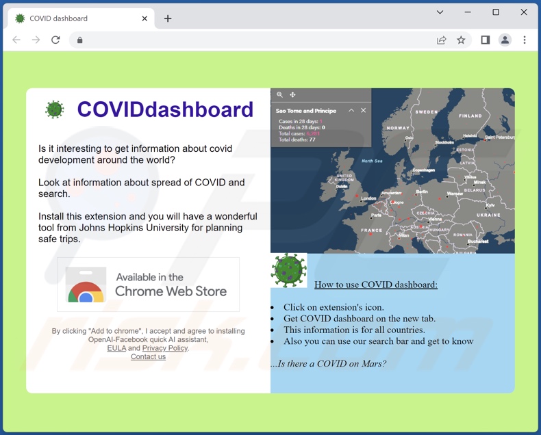 Webseite zur Förderung des COVID Dashboard Browserentführers