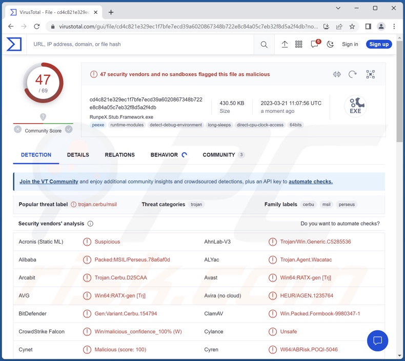 DotRunpeX Malware-Erkennungen auf VirusTotal