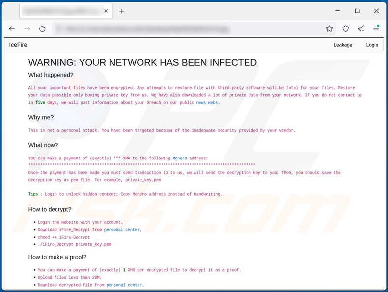 IceFire Ransomware Webseite Lösegeldforderung