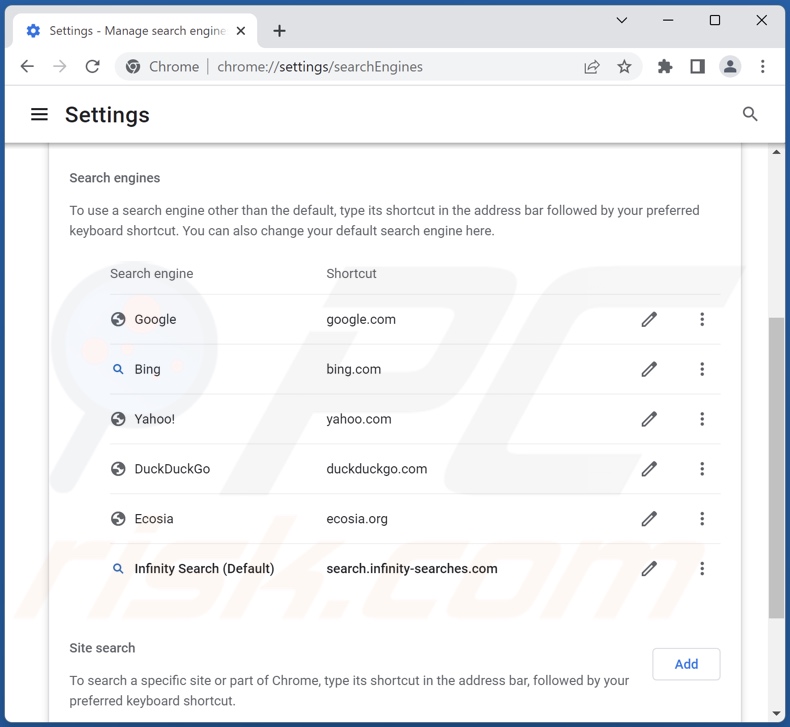 search.infinity-searches.com von der Google Chrome Standardsuchmaschine entfernen