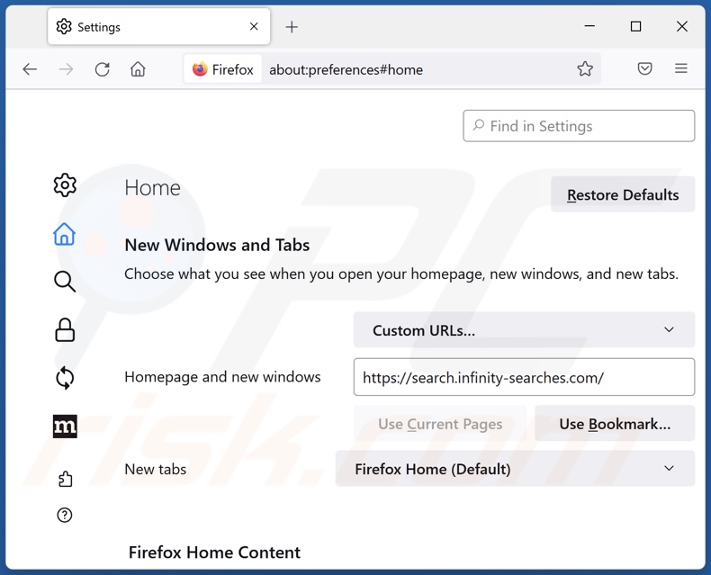 search.infinity-searches.com von der Mozilla Firefox Startseite entfernen