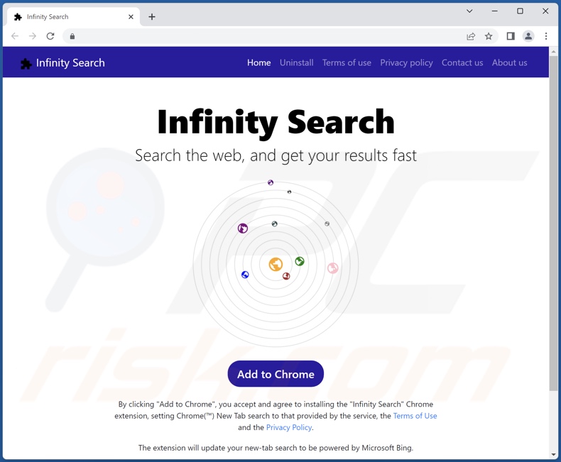 Webseite zur Förderung des Infinity Search Browserentführers