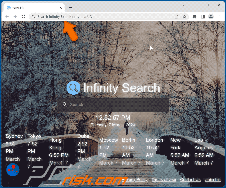 Der Infinity Search Browserentführer leitet auf Bing weiter (GIF)