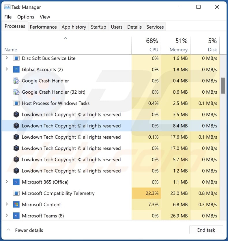 Lowdown Adware läuft im Task-Manager als Lowdown Tech Copyright all rights reserved