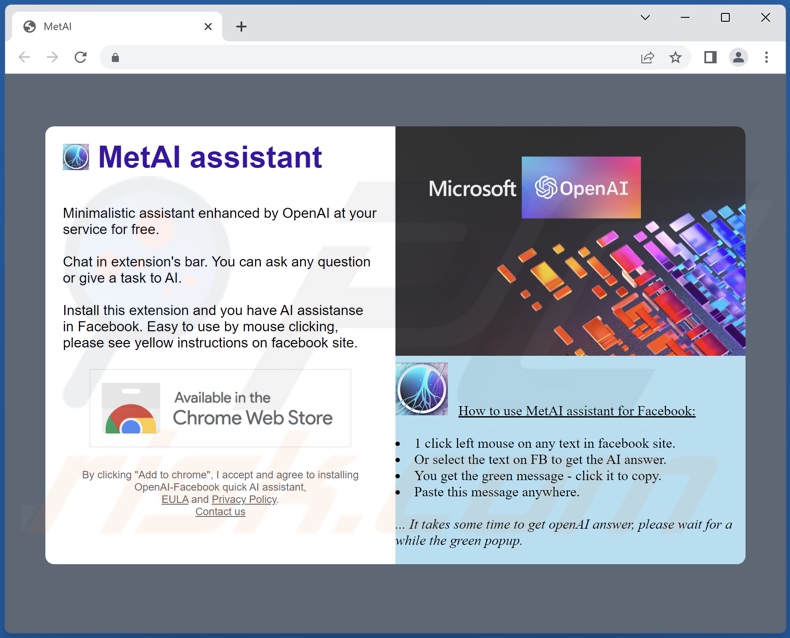 Webseite, die MetAI assistant Adware fördert