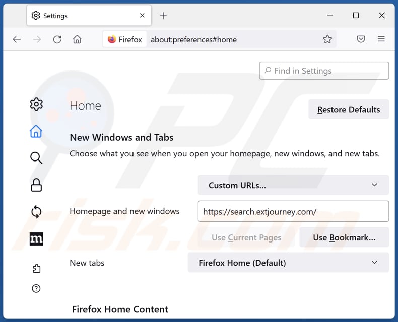 search.extjourney.com von der Mozilla Firefox Startseite entfernen