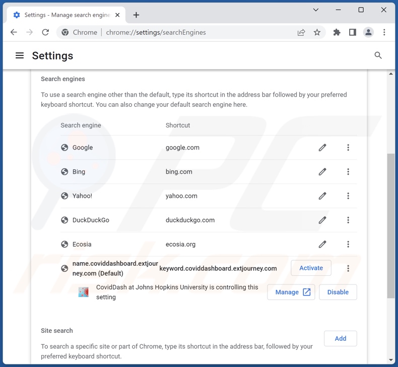 coviddashboard.extjourney.com von der Google Chrome Standardsuchmaschine entfernen