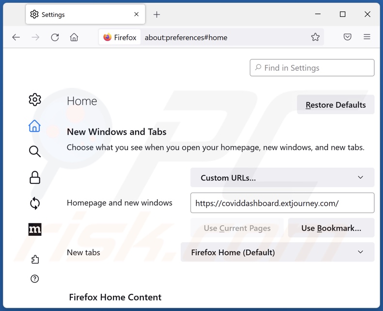 coviddashboard.extjourney.com von der Mozilla Firefox Startseite entfernen