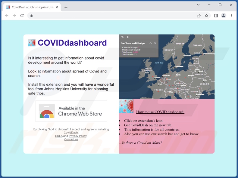 Webseite zur Förderung des CovidDash Browserentführers