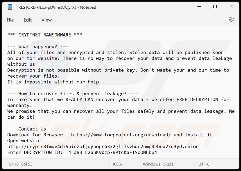 CRYPTNET Ransomware Lösegeldforderung (RESTORE-FILES-[random_string].txt)