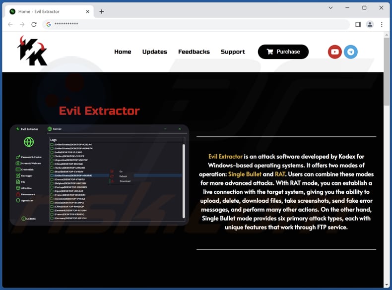 Evil Extractor Malware offizielle Webseite