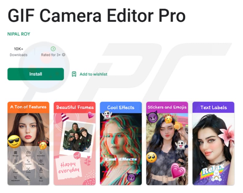 Fleckpe Trojaner bösartige App Beispiel 2 (GIF Camera Editor Pro)