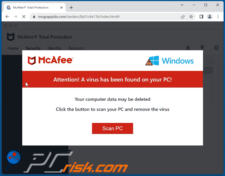 Aussehen des McAfee - A Virus Has Been Found On Your PC! Betrugs (GIF)