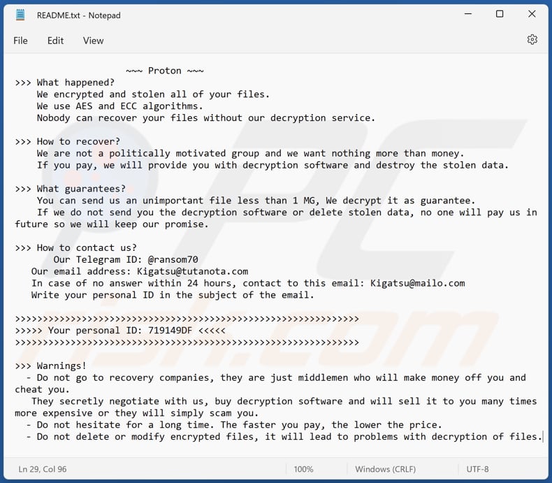 Proton Ransomware Textdatei (README.txt)