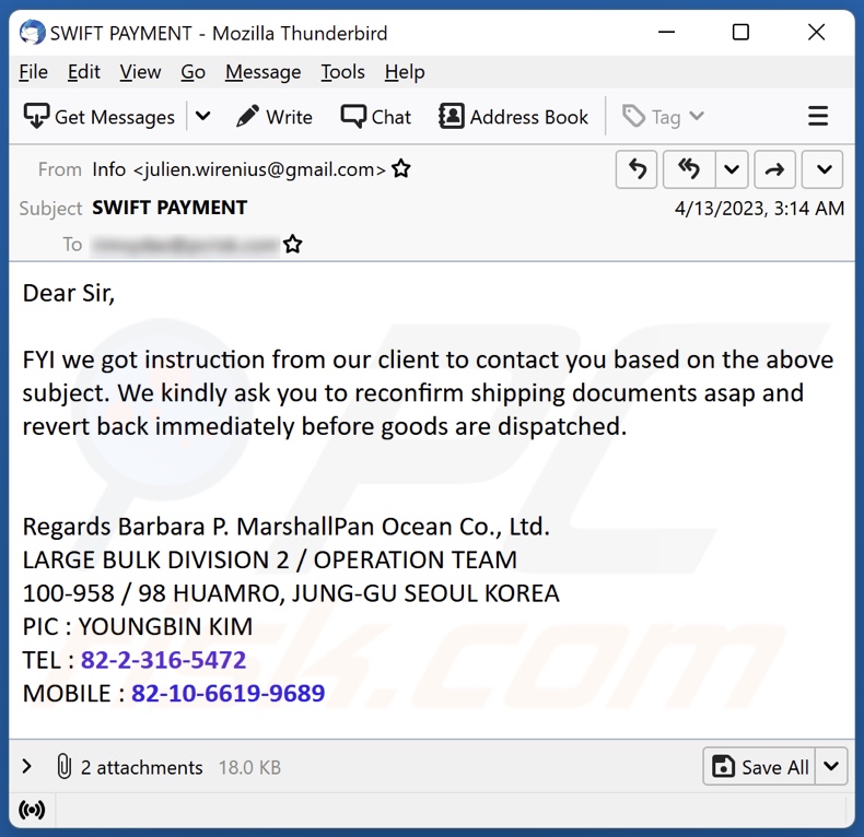 Reconfirm Shipping Documents E-Mail Spam-Kampagne