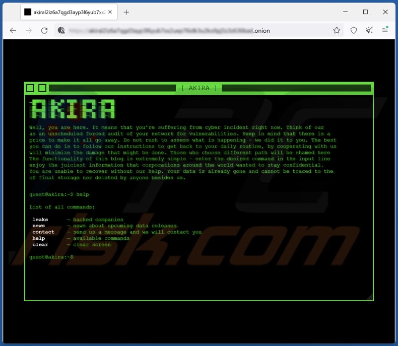 Akira Ransomware datenvoröffentlichende Webseite