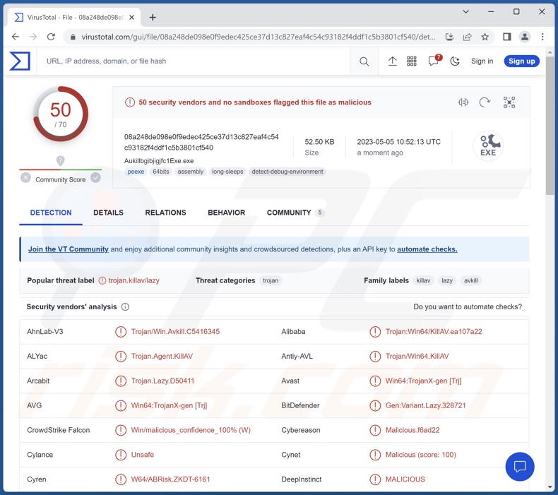 AuKill Malware-Erkennungen auf VirusTotal