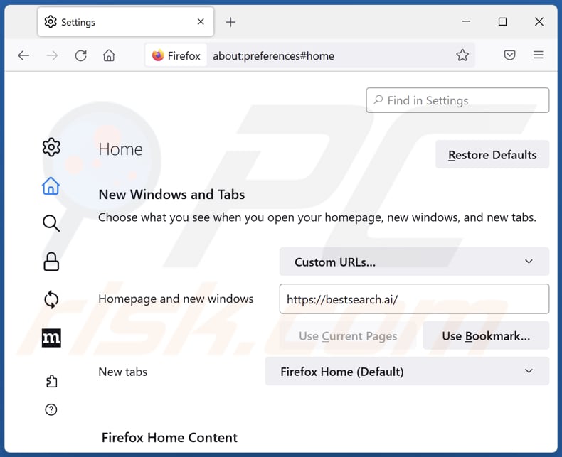 bestsearch.ai von der Mozilla Firefox Startseite entfernen