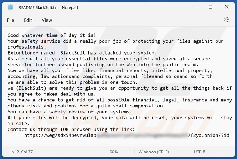 BlackSuit Ransomware Textdatei (README.BlackSuit.txt)